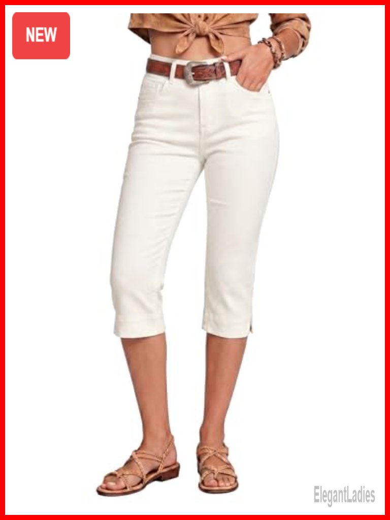 High Waisted Slim Split Hem Stretch Denim Capri Jeans Cropped